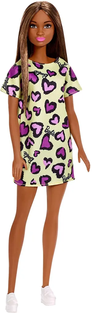 Barbie Doll Brunette Wearing Yellow and Purple Heart Print Dress