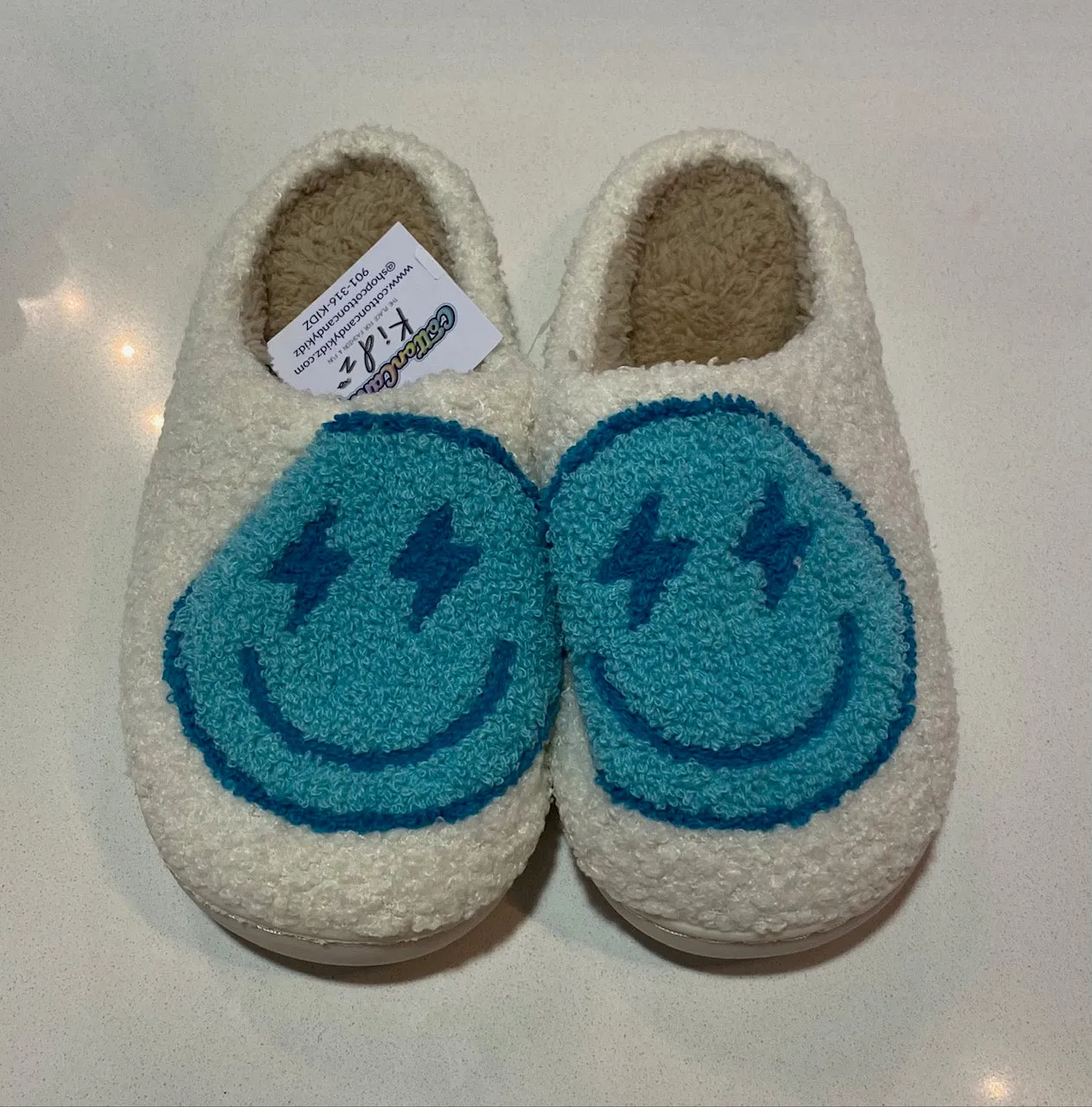 Blue Smiley Sherpa Slippers