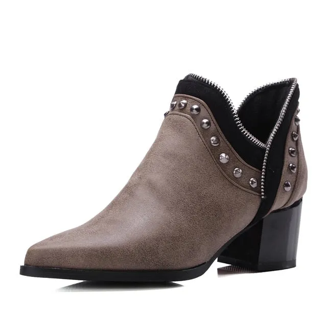 casual square heels ankle boots rivets