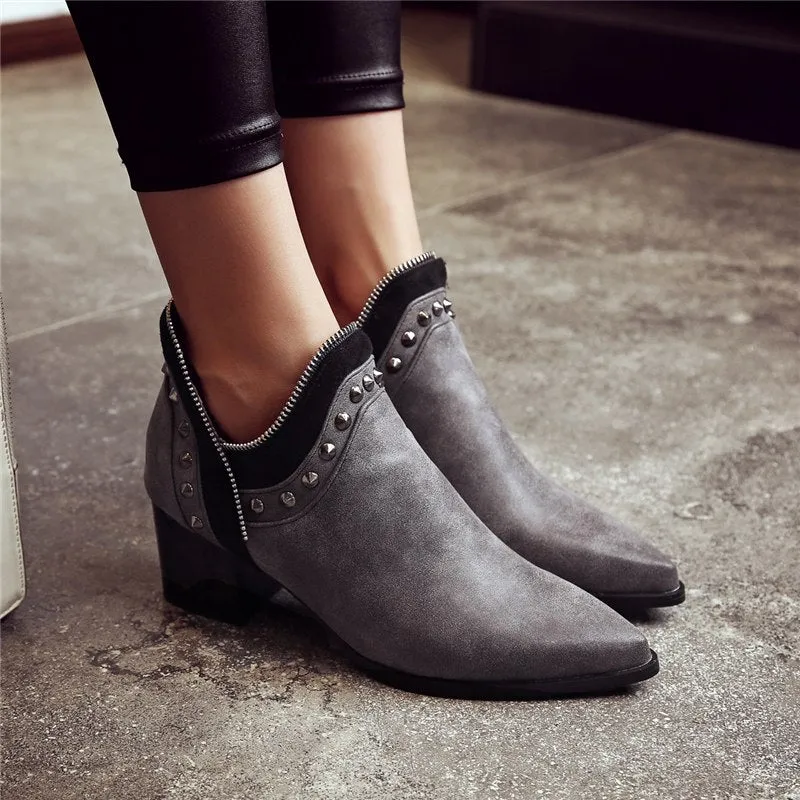 casual square heels ankle boots rivets