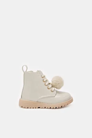 Girls Cream Pom Pom Details Ankle Boot