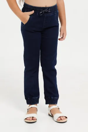 Girls Navy Knit Jeggings With Drawcord