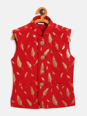 Jashvi Red And Gold Scuba Foil Print Nehru Jacket