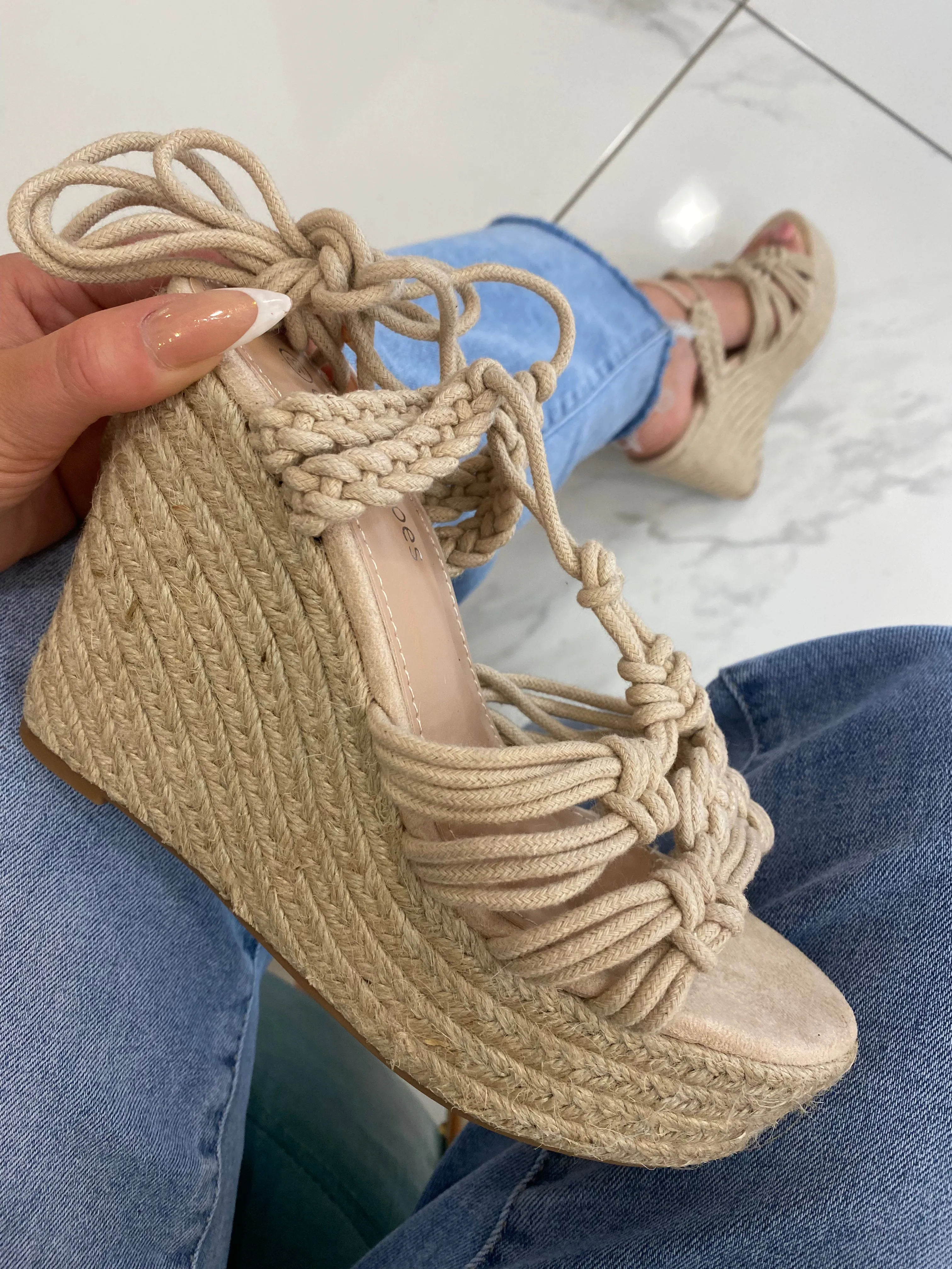 Kai Nude Tie Up Ankle Wedge Sandal