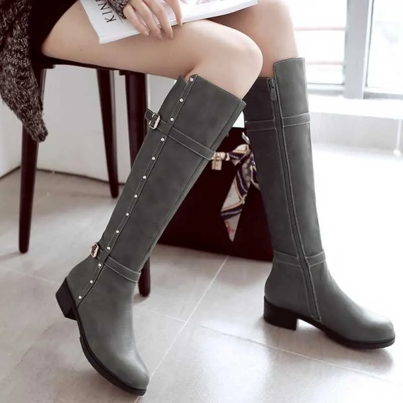 Knee High Rivets Buckle Straps Boots