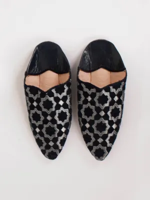 Moroccan Star Brocade Pointed Babouche Slippers, Black