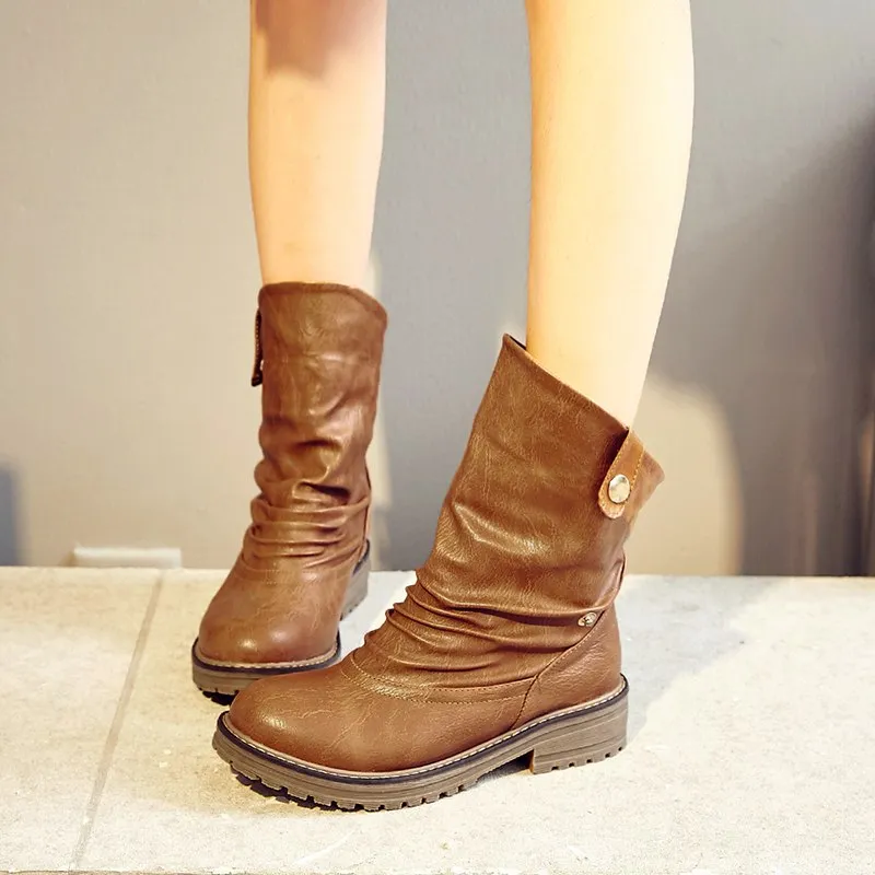 Retro Western Square Heels Winter Boots