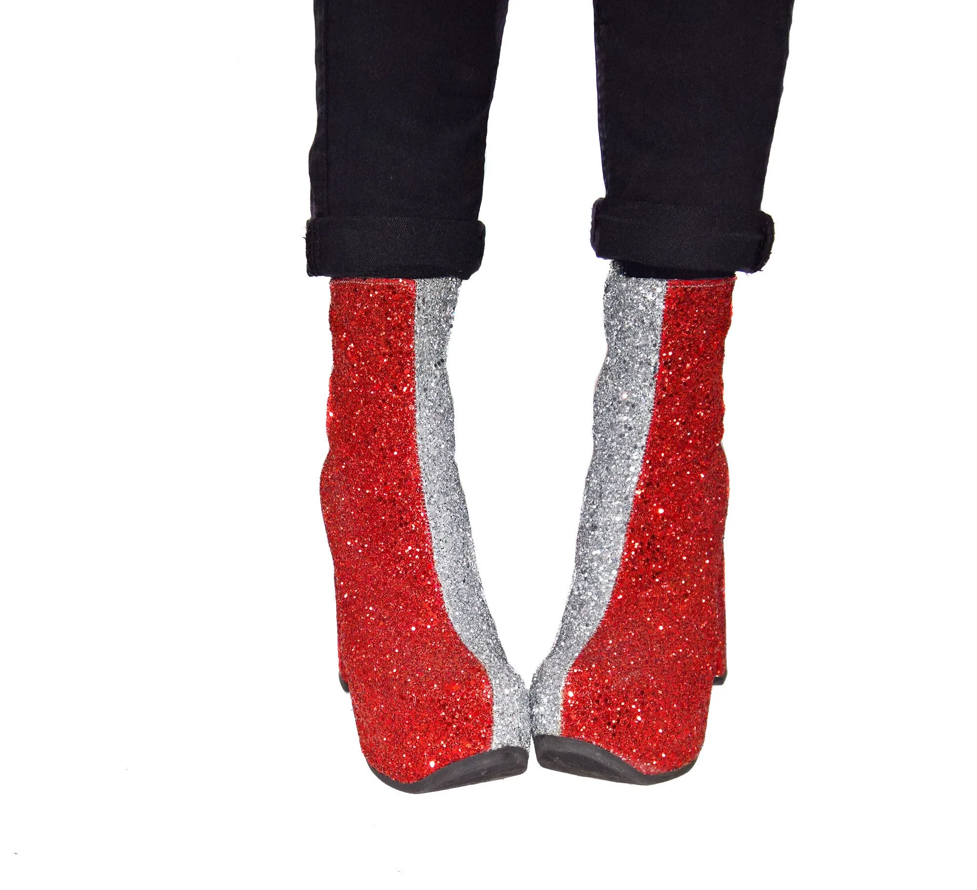 STARDUST "Harlequin" Platform Ankle Boots in Red & Silver Glitter