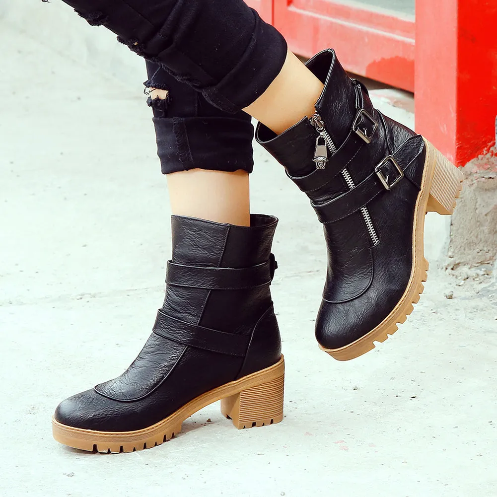 Winter female platform square heels martin boots